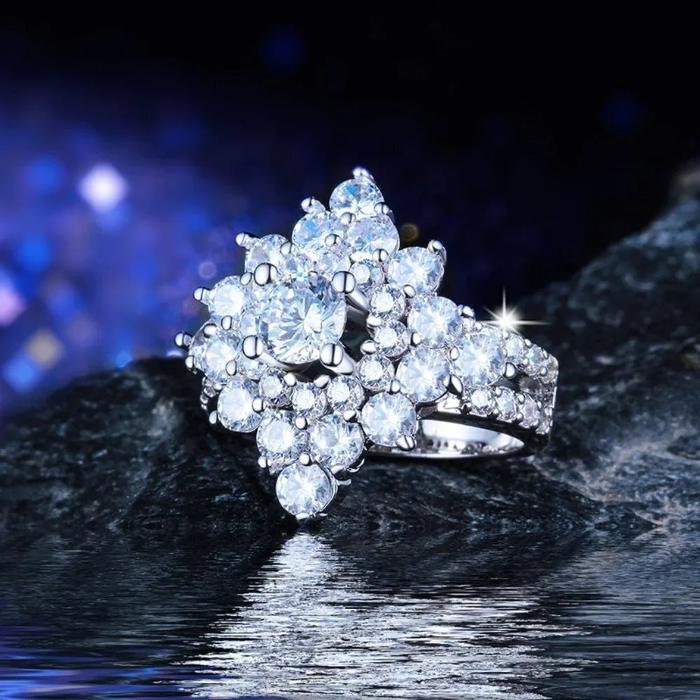 Generous Vintage Zircon Silver Luxury Flower Rings for Women, INDN8094